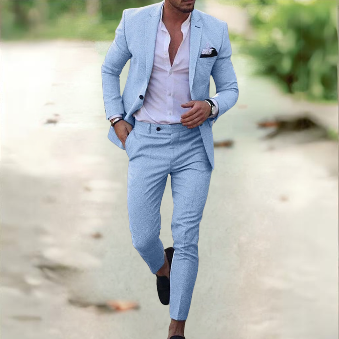 Compleet slim fit herenpak, bestaande uit blazer en pantalon. Comfortabel en elegant.