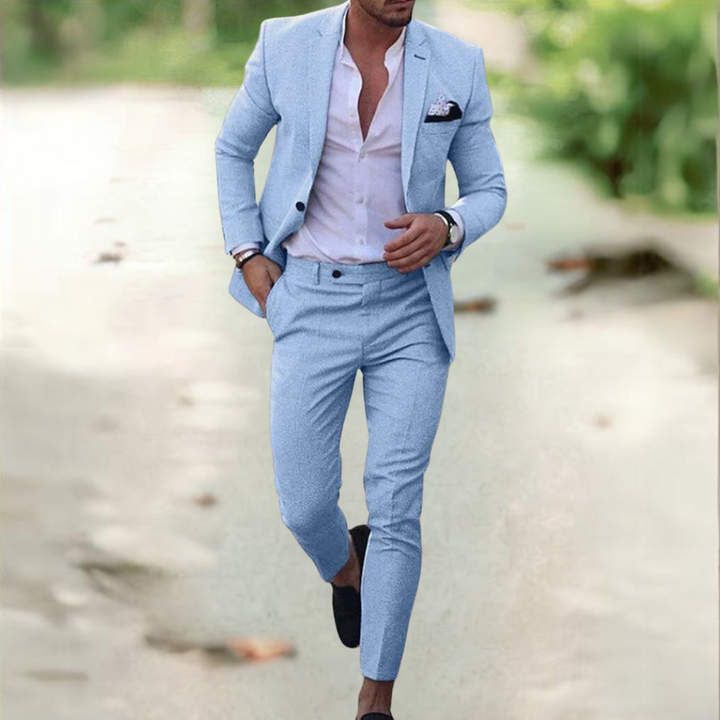 Compleet slim fit herenpak, bestaande uit blazer en pantalon. Comfortabel en elegant.