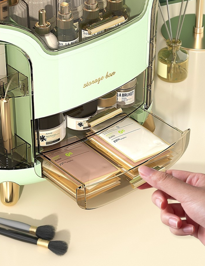 "Elegant zwarte/witte make-up organizer, hoogwaardig kunststof, meerdere vakken, stijlvol ontwerp voor georganiseerde ruimte.