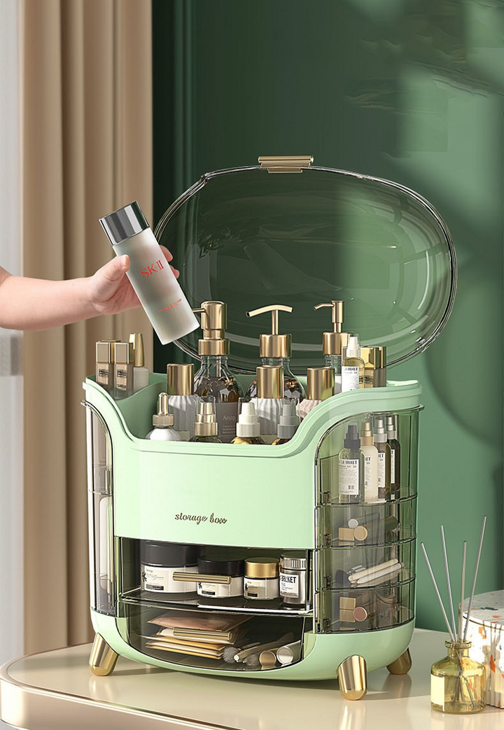 "Elegant zwarte/witte make-up organizer, hoogwaardig kunststof, meerdere vakken, stijlvol ontwerp voor georganiseerde ruimte.