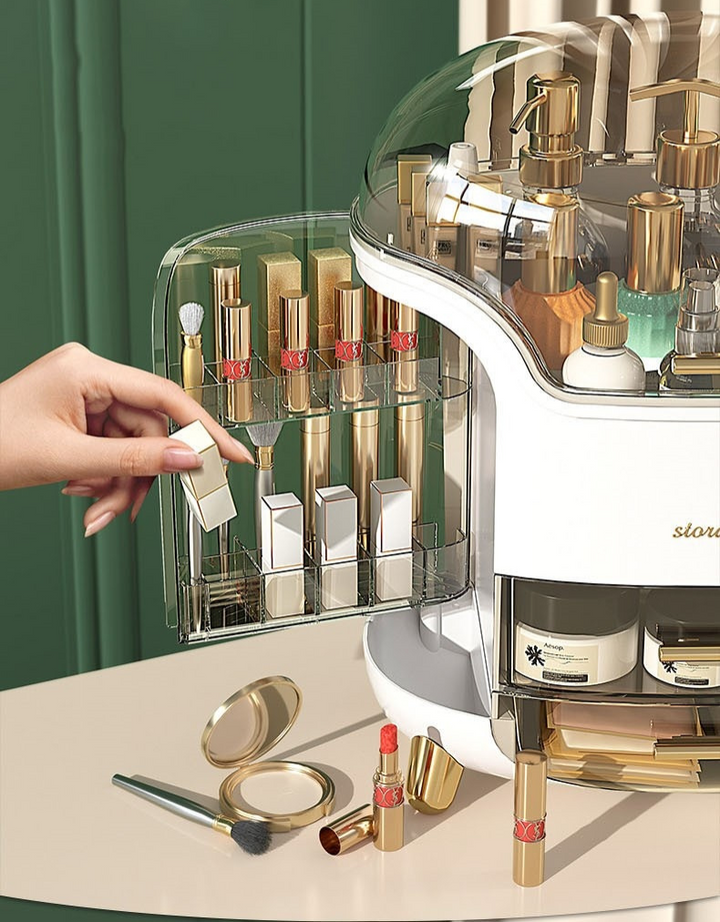 "Elegant zwarte/witte make-up organizer, hoogwaardig kunststof, meerdere vakken, stijlvol ontwerp voor georganiseerde ruimte.