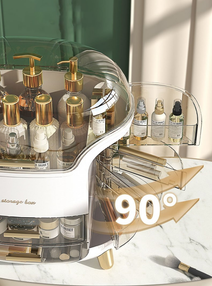 "Elegant zwarte/witte make-up organizer, hoogwaardig kunststof, meerdere vakken, stijlvol ontwerp voor georganiseerde ruimte.