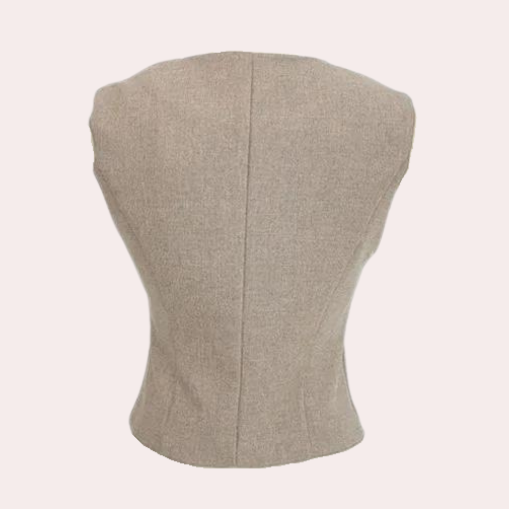 Elegante 3-delige dames zomerset in khaki: pantalon, gilet en blazer. Stijlvol en veelzijdig voor elke gelegenheid.