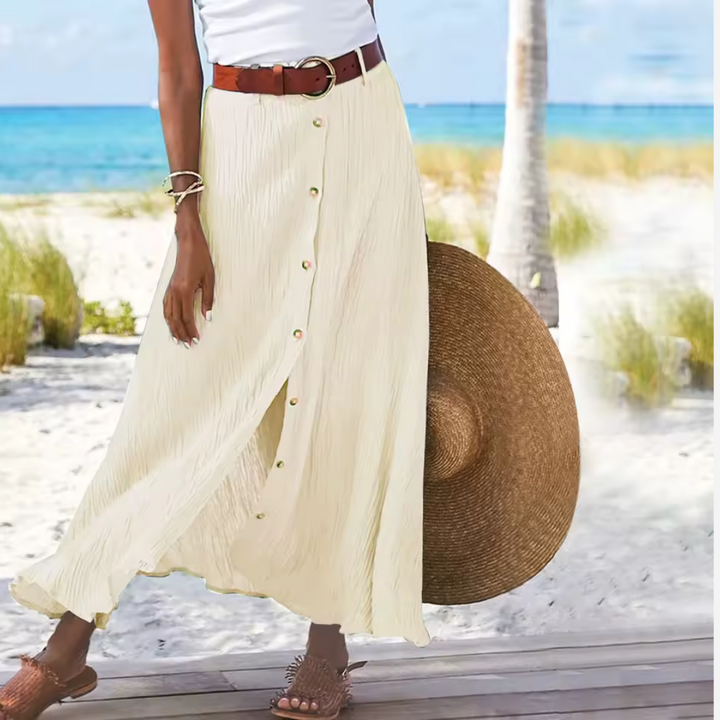 "Elegante A-lijn damesrok, ademend polyester, knoopdetails, mid-waist, comfortabele pasvorm voor lente en zomer."