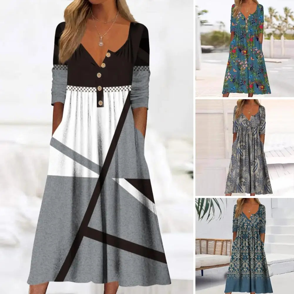 Elegante A-lijn midi jurk met levendige bloemenprint en praktische zakken, ideaal voor zomerse en stijlvolle dagen.