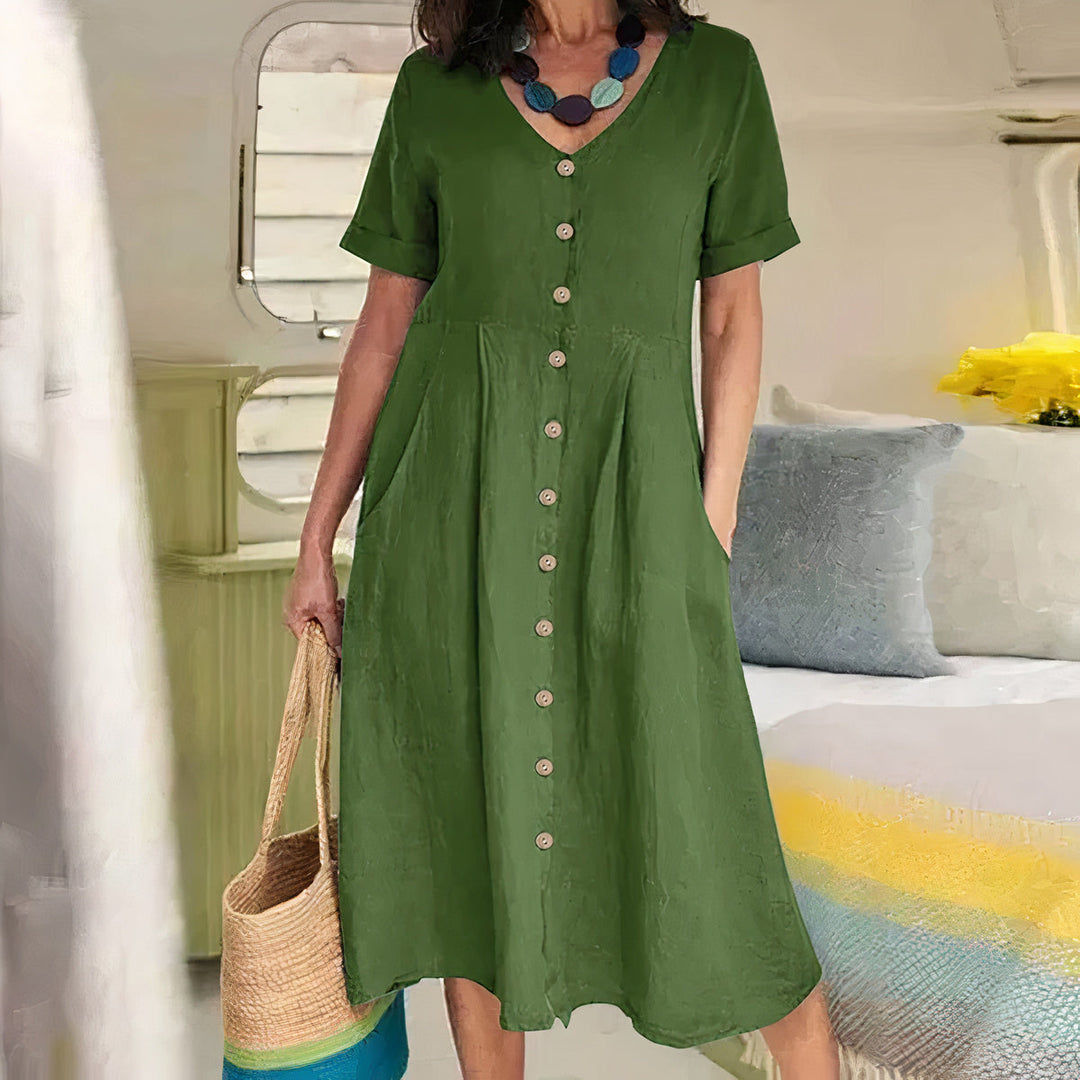 Dames mode: elegante A-lijn midi jurk met V-hals en comfortabele pasvorm, S-5XL.