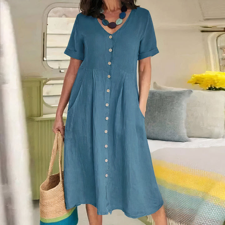 Stijlvolle casual midi jurk voor dames, met V-hals, knoopjes en een comfortabele pasvorm.