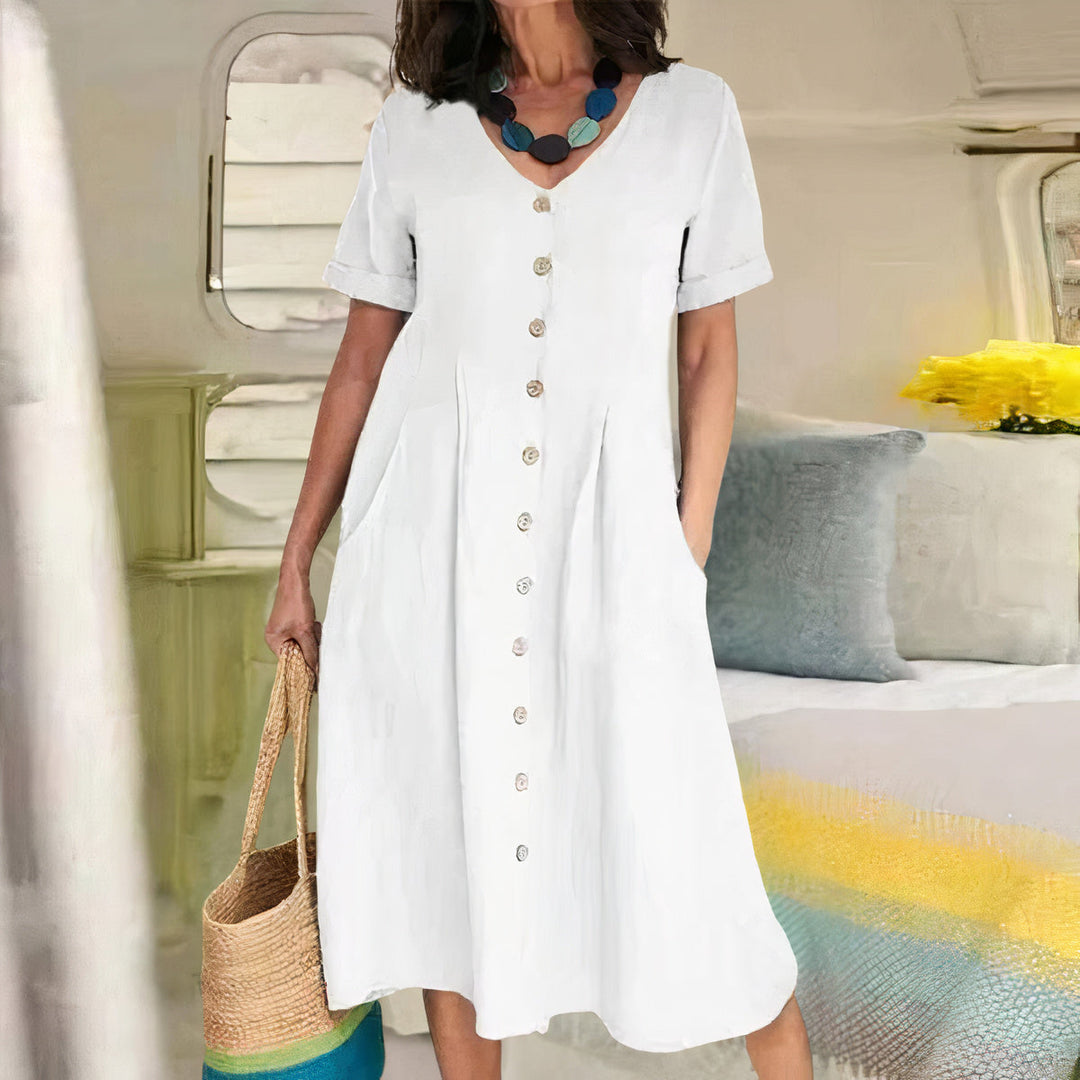 Modieuze V-hals zomerjurk voor dames, A-lijn model met zakken, van maat S tot 5XL.