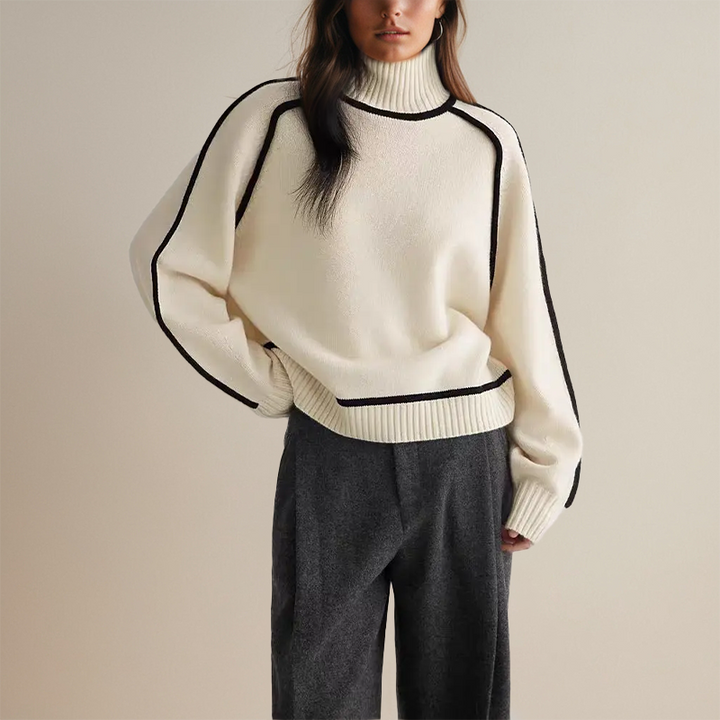 Zachte gebreide Althea damestrui in warme winterkleur. Comfortabele modetrui, ideaal voor de herfst en winter.