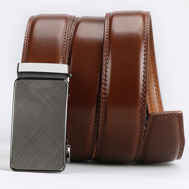 "Elegante automatische leren riem voor heren met ratelsluiting, verkrijgbaar in zwart en bruin, geschikt voor elke outfit."