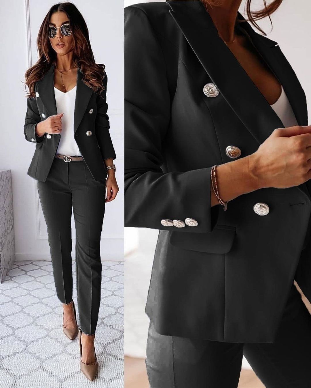 "Elegante blauwgrijze blazer set voor dames, dubbelrijige knopen en scherpe revers, ideaal voor zakelijke stijl."