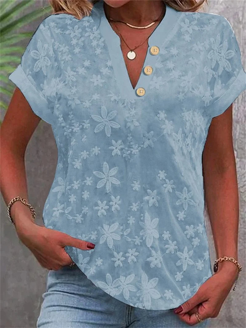 "Elegante bloemenblouse met V-hals, luchtige stof, kleurrijk bloemendessin, korte mouwen, retro stijl, dames top"