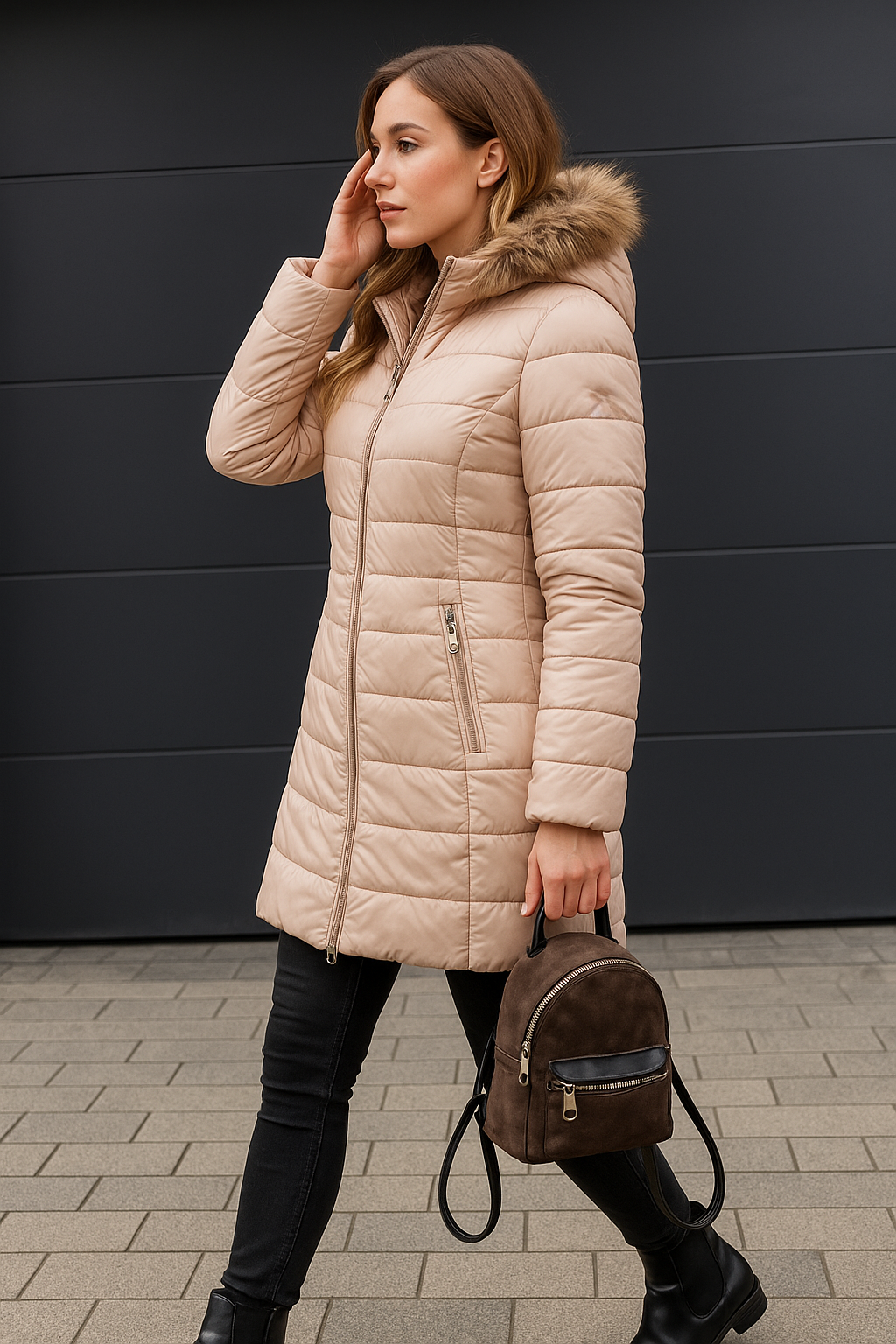 Elegante champagnekleurige dames winterjas met warme kraag en getailleerde pasvorm, ideaal voor stijlvolle outdoor momenten.