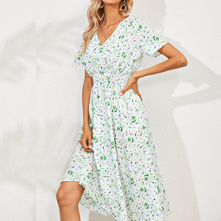 "Elegante chiffon jurk met V-hals, korte mouwen en midden taille, zachte lichtgewicht stof voor dames, trendy en ademend."