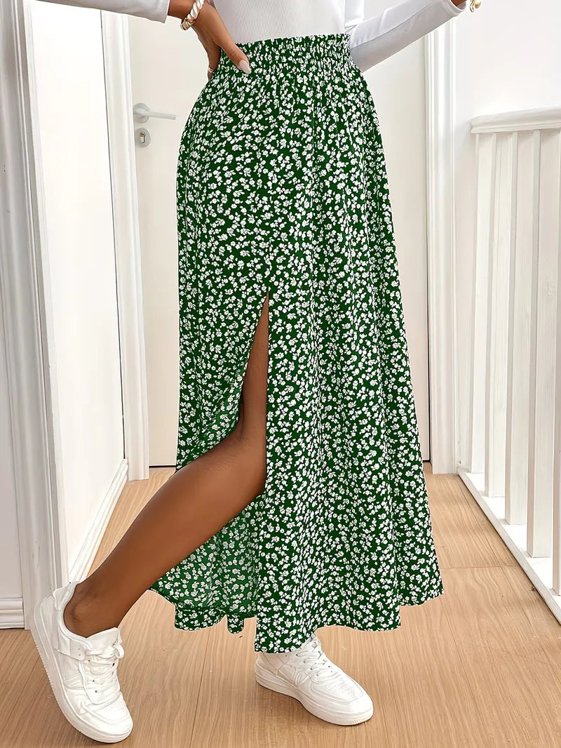 Bohemian stijl dames A-lijn maxirok met kleurrijke bloemenprint. Elastisch en comfortabel.