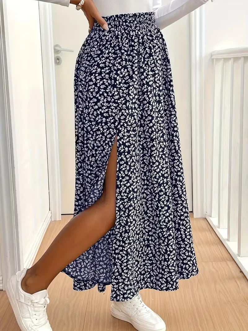 Elegante A-lijn maxirok voor dames, bloemenprint. Geschikt voor casual en feestelijk.