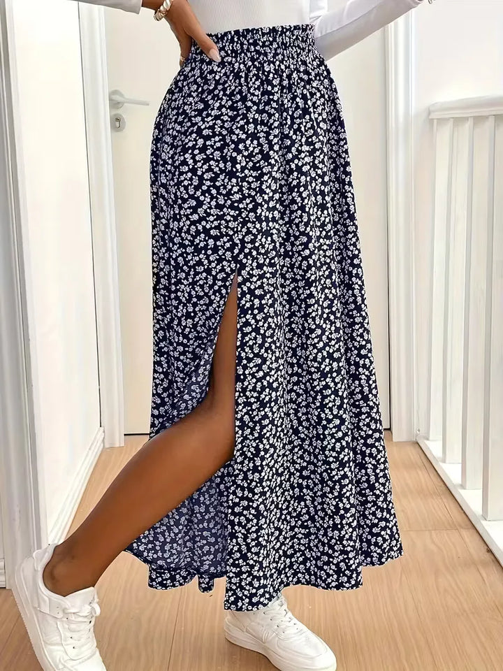 Elegante A-lijn maxirok voor dames, bloemenprint. Geschikt voor casual en feestelijk.