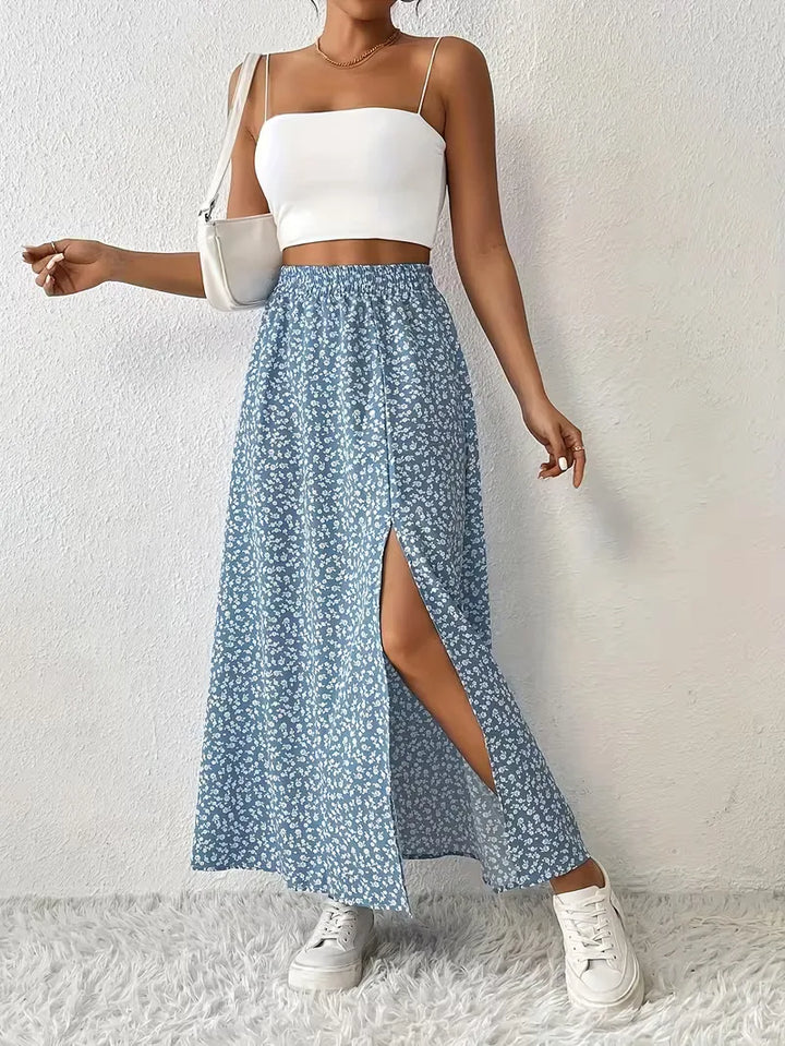 Damesrok met A-lijn silhouet, maxi lengte, bloemenprint. Comfortabele elastische taille.
