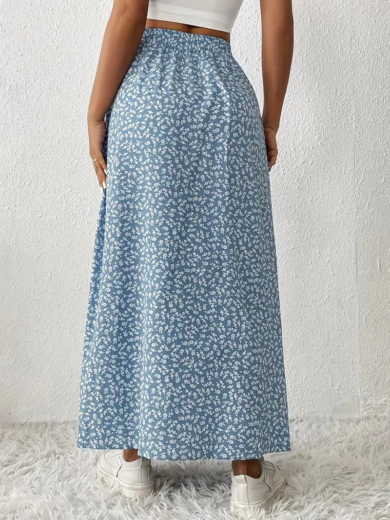 Maxi rok met bloemenprint voor dames, A-lijn model. Zomerse outfit met zijsplit.