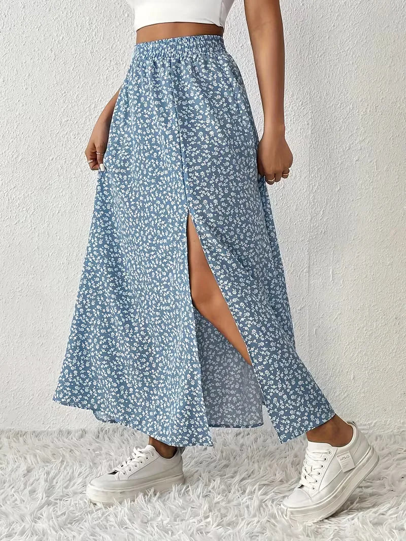Casual A-lijn maxirok voor dames, bloemenprint. Ideale comfortabele zomerkleding.