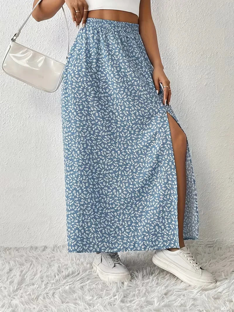 Elegante dames A-lijn maxirok met verfijnde bloemenprint. Comfortabele zomerlook.