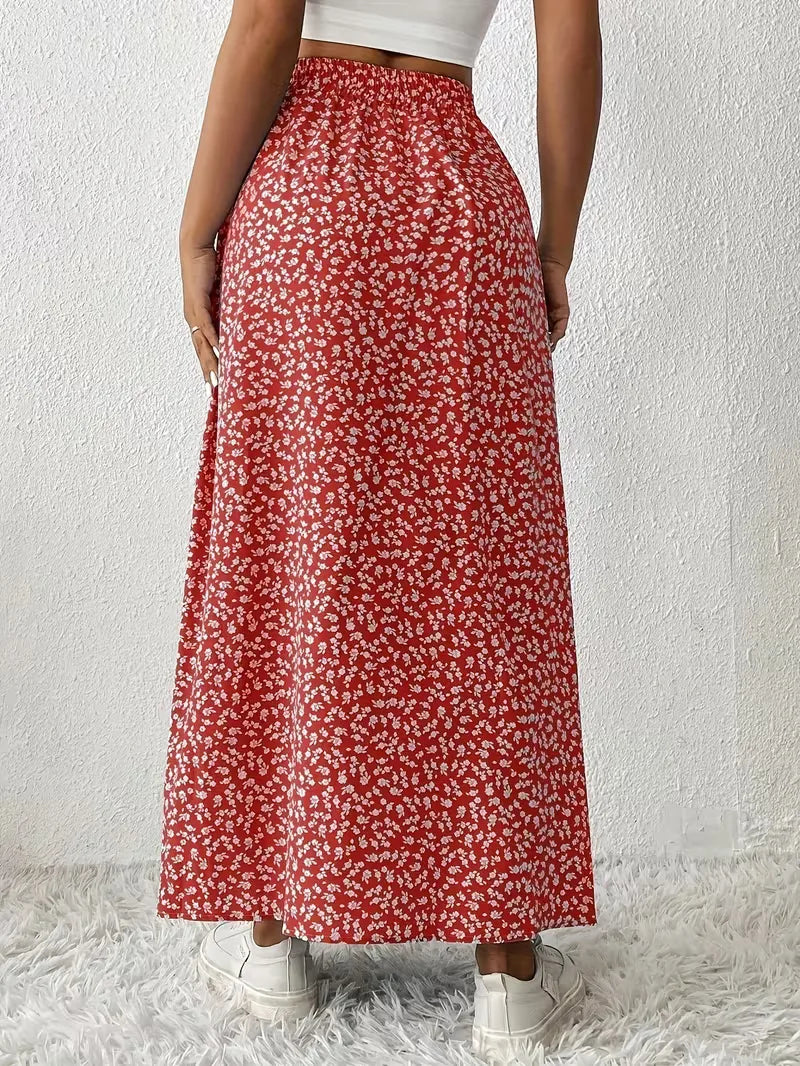 Zomerse A-lijn maxirok voor dames met bloemenprint. Comfortabel, casual en chic.