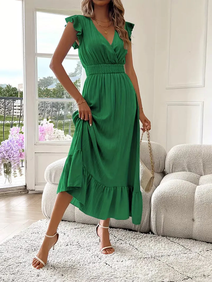 Formele dameskleding: Maxi avondjurk met V-hals en gelaagde rok voor een verfijnde look.