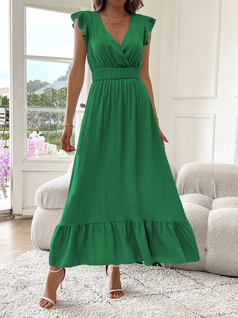 Trendy avondjurk dames, V-hals en gelaagde maxi rok, voor een modieuze verschijning op feesten.