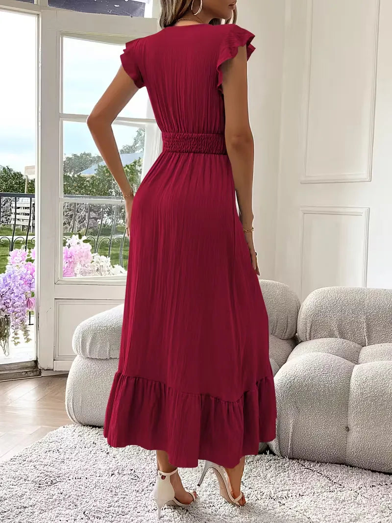Formele gelegenheid? Dames avondjurk met V-hals en gelaagde maxi rok is uw keuze.