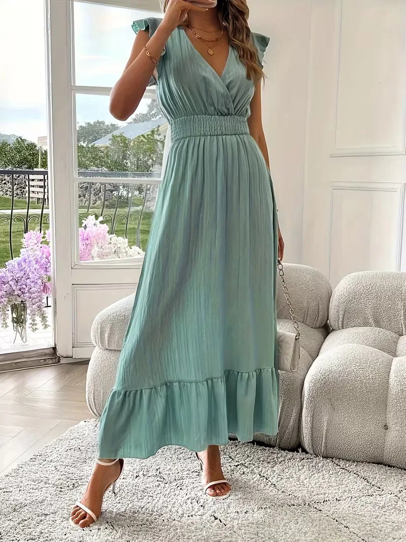 Formele maxi jurk voor vrouwen, met diepe V-hals en prachtige gelaagde rok, ideaal voor evenementen.