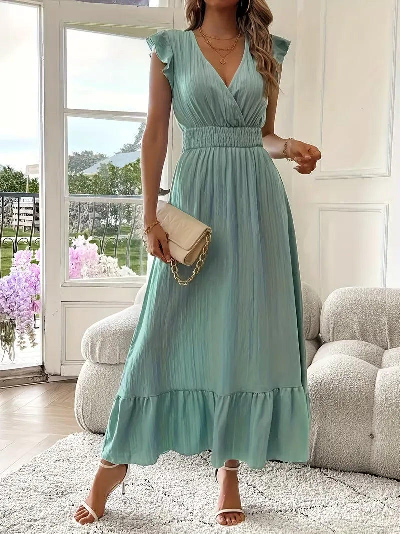 Lange damesjurk: Avondjurk met elegante V-hals en vloeiende gelaagde maxi rok, perfect voor speciale gelegenheden.