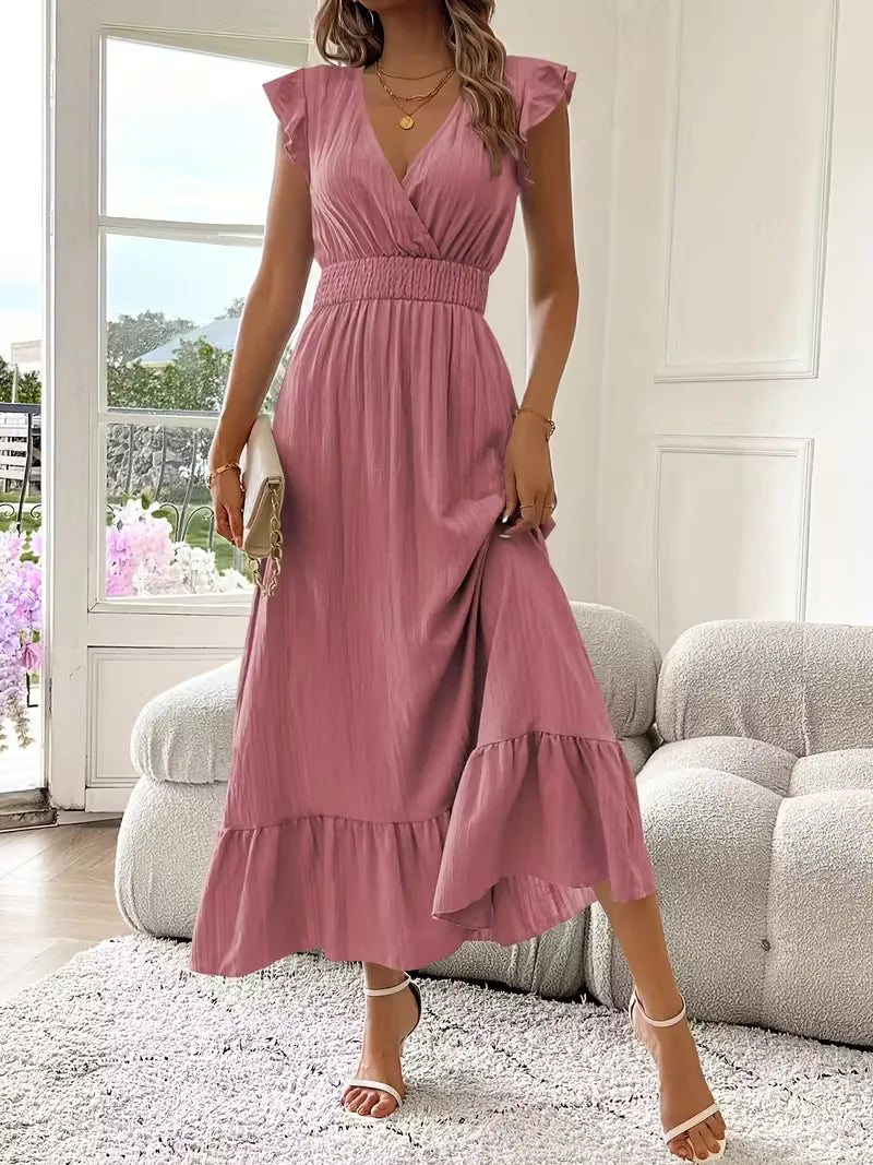 Elegante avondjurk voor dames met V-hals en luchtige gelaagde maxi rok, comfortabel en chic.