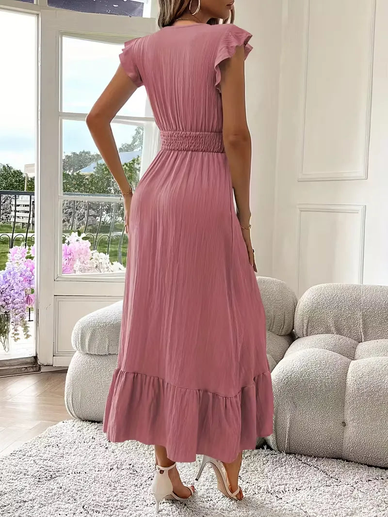 Damesjurk voor feesten, met V-hals en gelaagde maxi rok, een prachtige formele avondjurk.