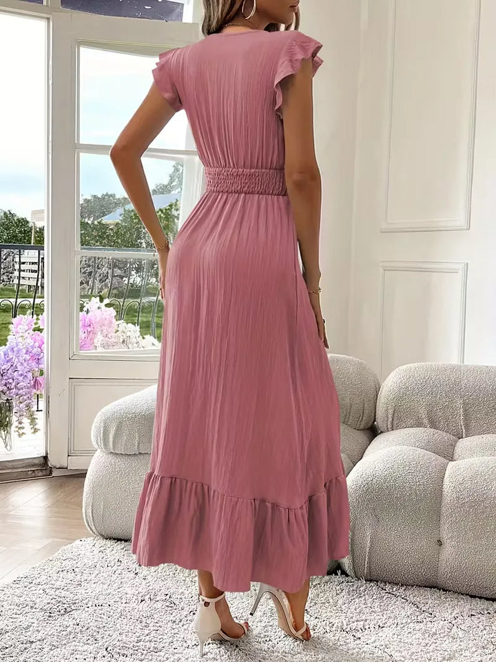 Damesjurk voor feesten, met V-hals en gelaagde maxi rok, een prachtige formele avondjurk.