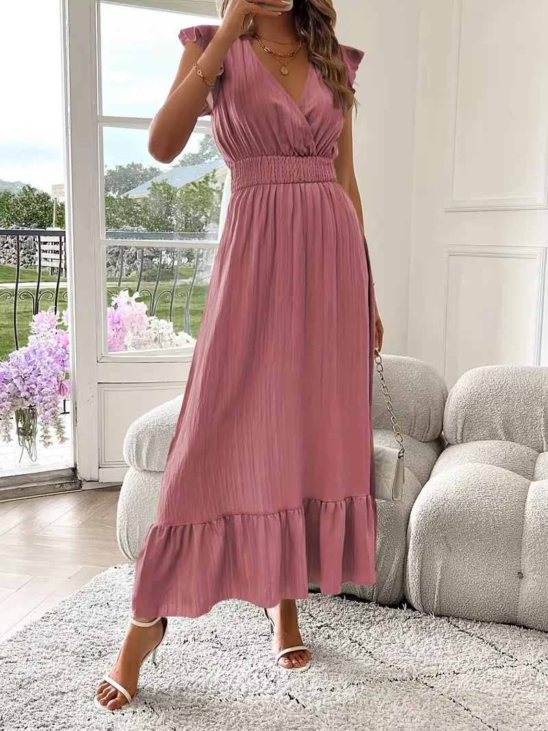 Formele dames avondjurk met V-hals en gelaagde rok, een tijdloos elegant stuk voor uw garderobe.