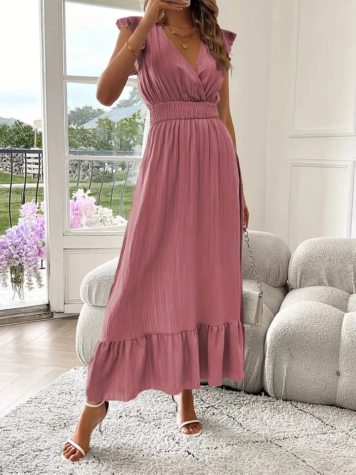 Formele dames avondjurk met V-hals en gelaagde rok, een tijdloos elegant stuk voor uw garderobe.