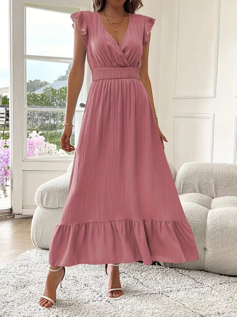 Dames avondjurk met V-hals en gelaagde maxi rok, perfect voor formele gelegenheden.