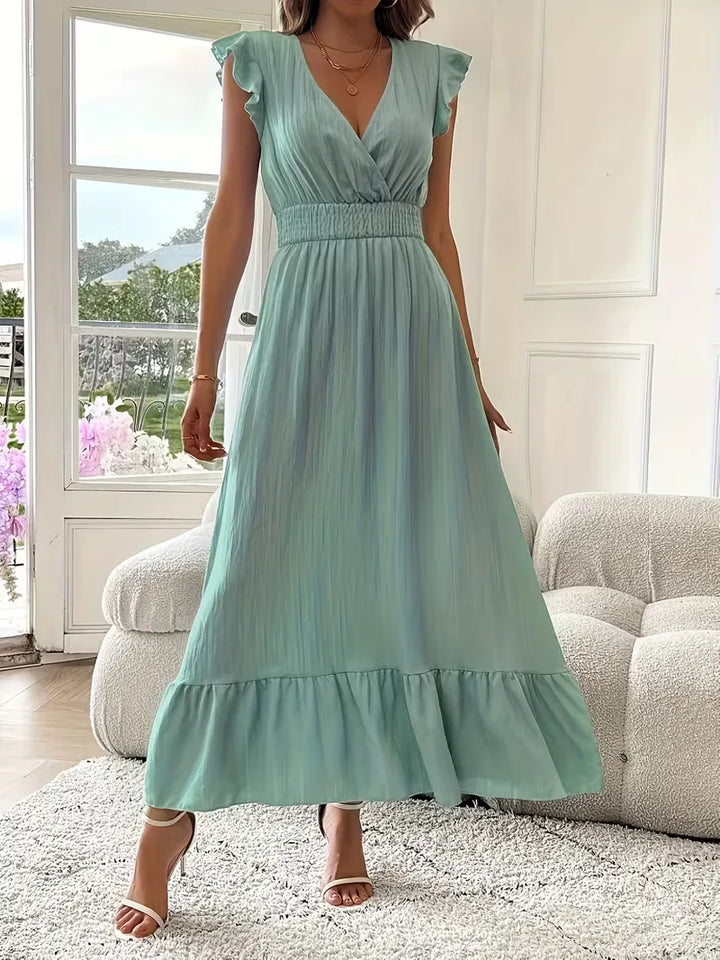 Moderne dames avondjurk, V-hals en gelaagde maxi rok, comfortabel en elegant voor feesten.