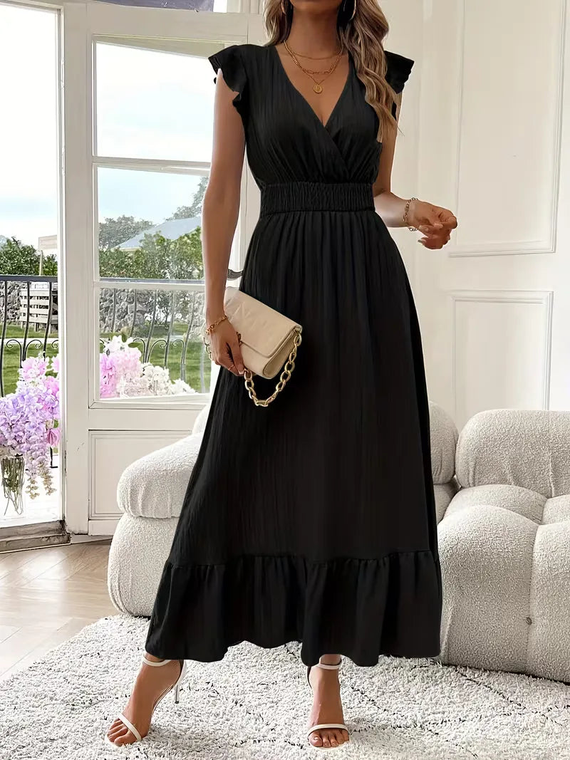 Dames maxi jurk met V-hals, gelaagde rok, perfect voor lente- en zomeravonden, elegante stijl.