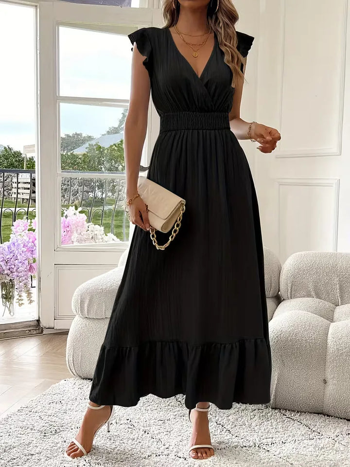 Dames maxi jurk met V-hals, gelaagde rok, perfect voor lente- en zomeravonden, elegante stijl.