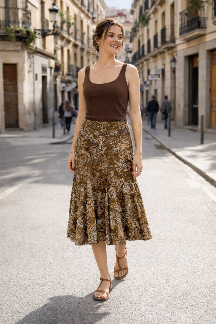 Zomerse bedrukte midirok voor dames met hoge taille, een comfortabele en elegante boho stijl.