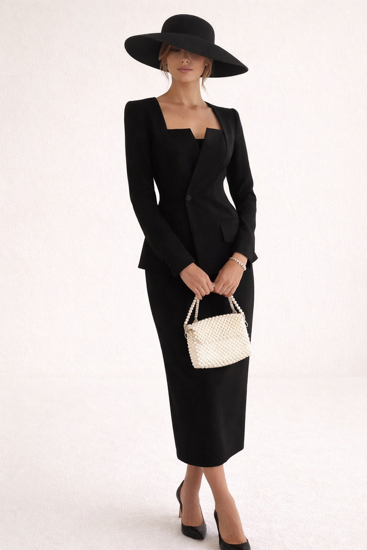 Elegante dames blazer & maxirok set. Perfect voor zakelijke of avondgelegenheden, tweedelige modieuze kleding.