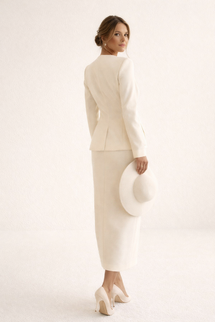 Hedendaagse elegante blazer & maxirok set voor dames. Perfecte mode voor vrouwen, van kantoor tot casual chic.