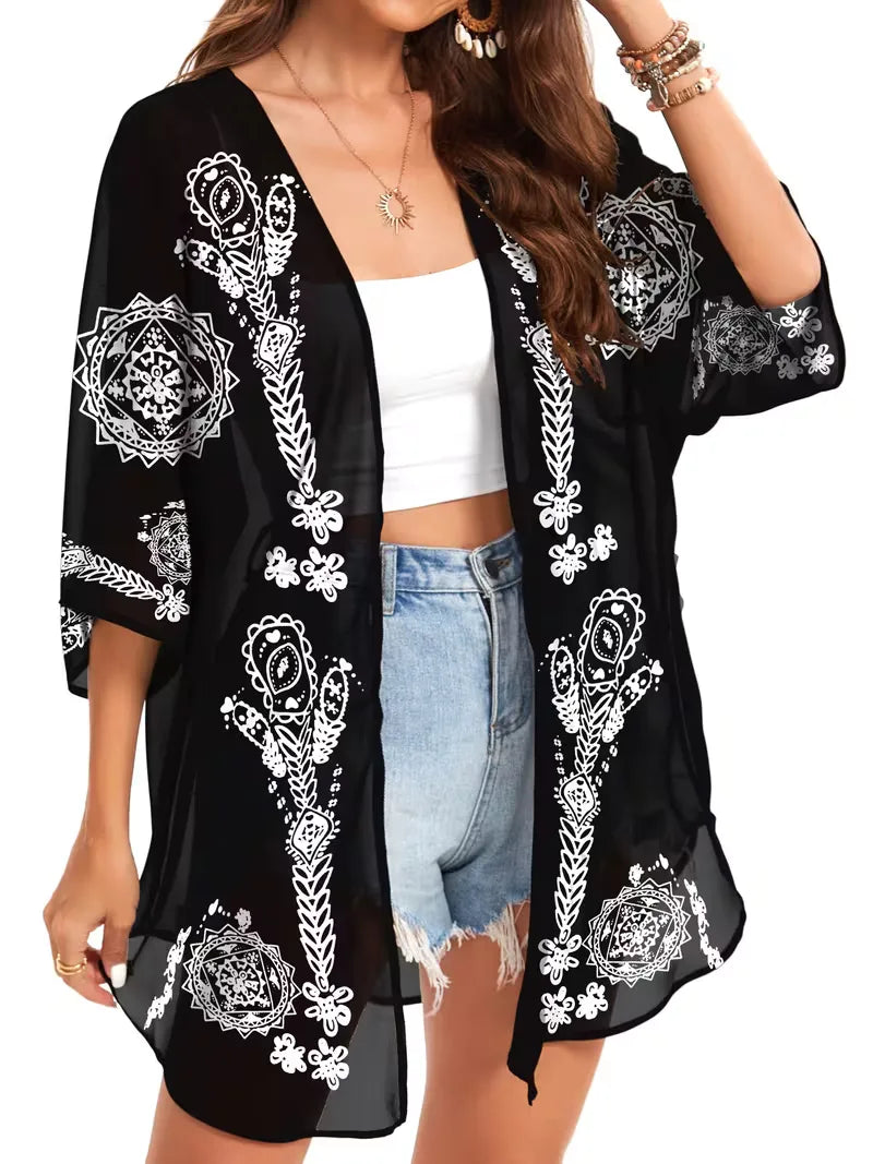 Bohemian dames chiffon kimono met bloemenprint, perfecte losvallende strandkleding voor de zomer.