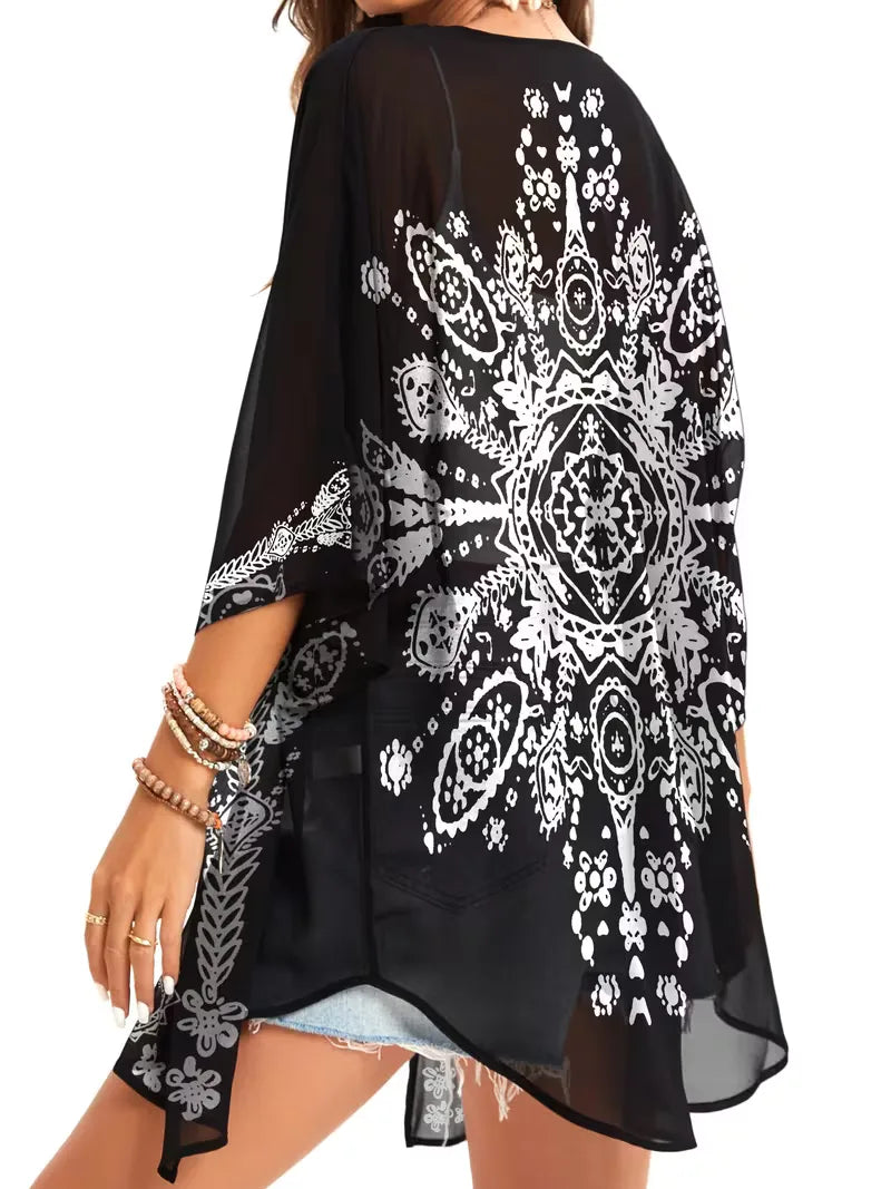 Veelzijdige dames chiffon kimono met bloemenprint, casual cover-up voor vakantie en lente/zomer.