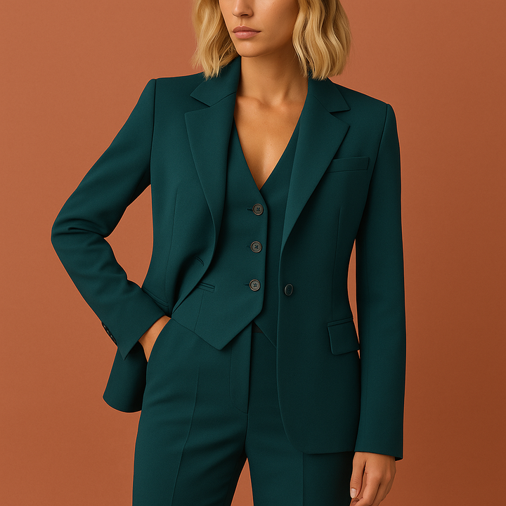 Stijlvolle driedelige dames set: een modern jasje, een elegante broek en bijpassende top, ideaal voor elk seizoen.