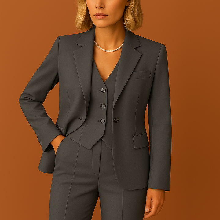 Dames driedelig pak met een chique jasje en comfortabele broek, geschikt voor zowel kantoor als een casual dag.