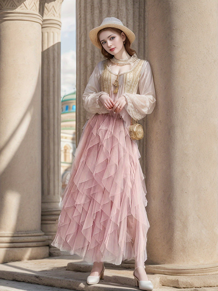 Vrouwenmode: roze gelaagde maxi rok met elastische taille, een verfijnde en elegante zomerrok.