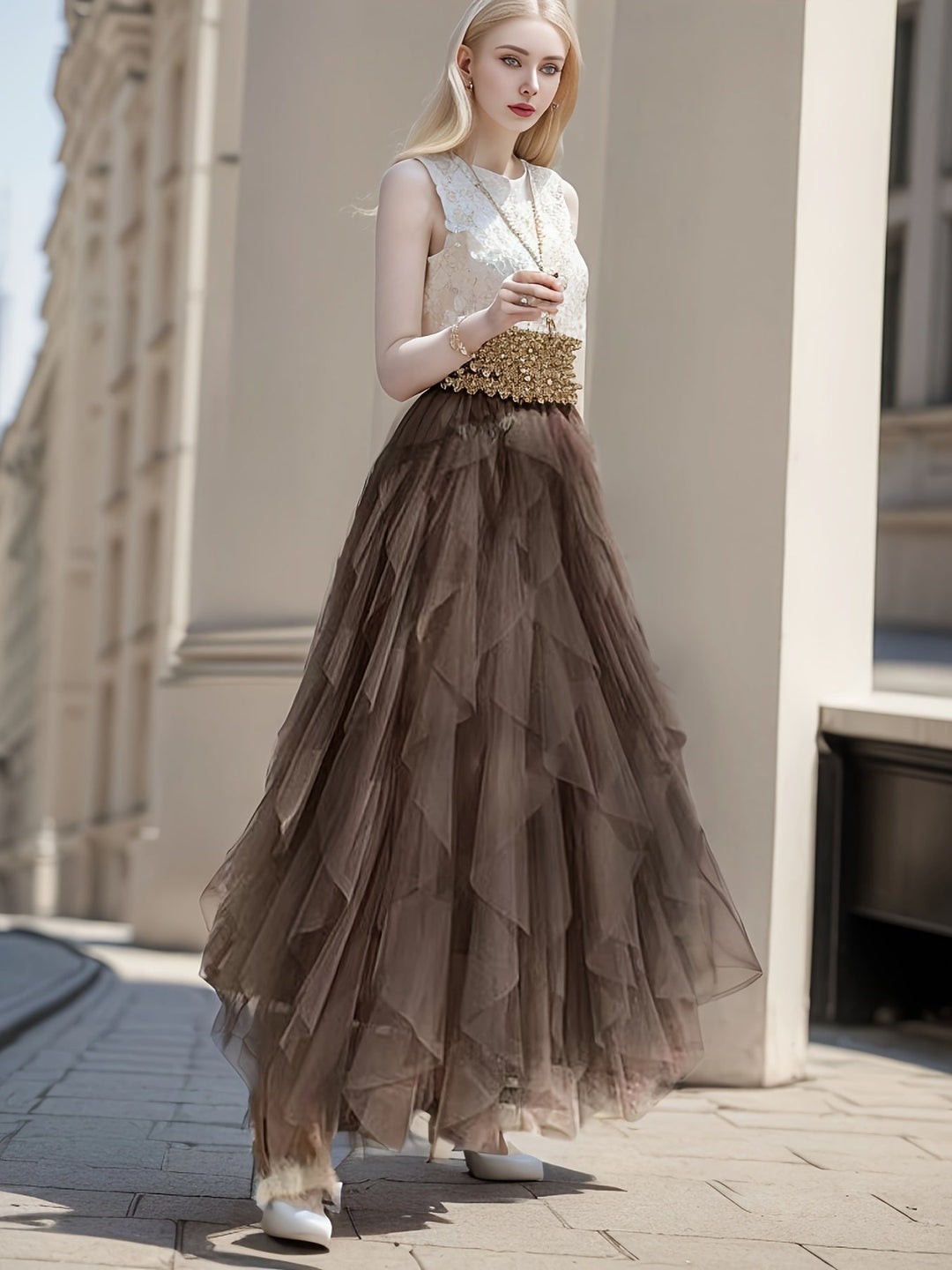 Bruine dames gelaagde maxi rok, verfijnd en casual, met comfortabele elastische taille voor stijlvol comfort.