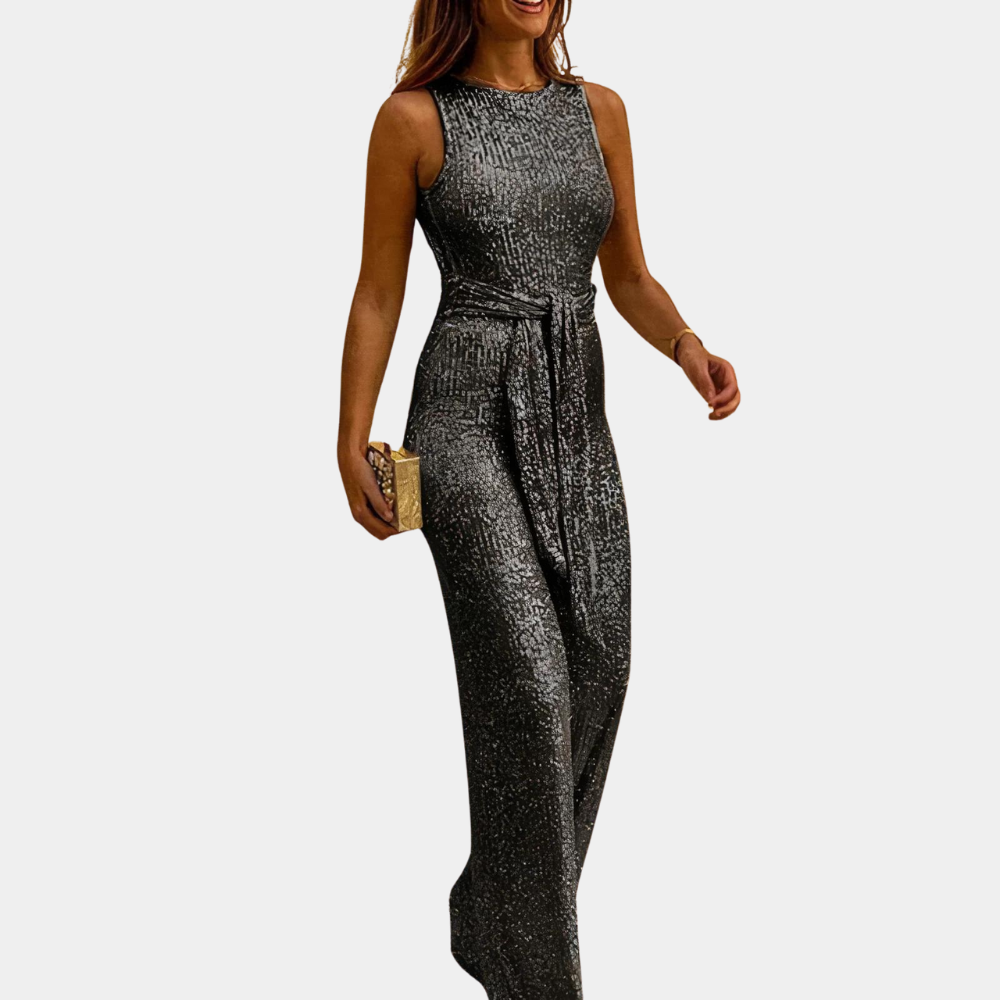 Elegante dames glitter jumpsuit, perfect voor gala of feest. Glamoureuze avondkleding met chique allure.